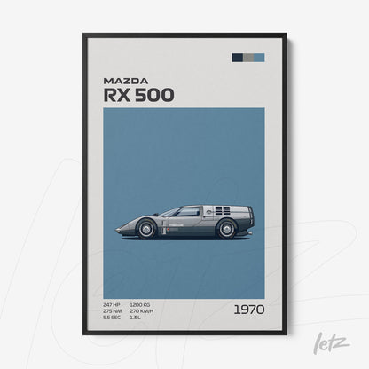 framed artwork featuring the Mazda RX 500 sports car with a blue background and black frame