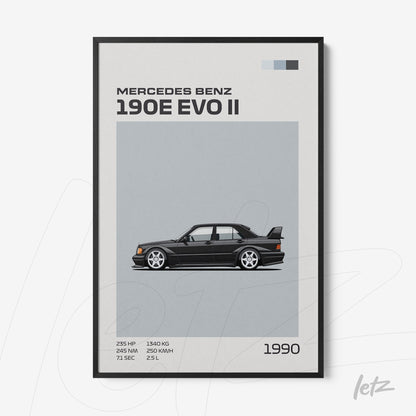 framed artwork featuring a stylized illustration of the Mercedes Benz 190E EVO II with a black frame