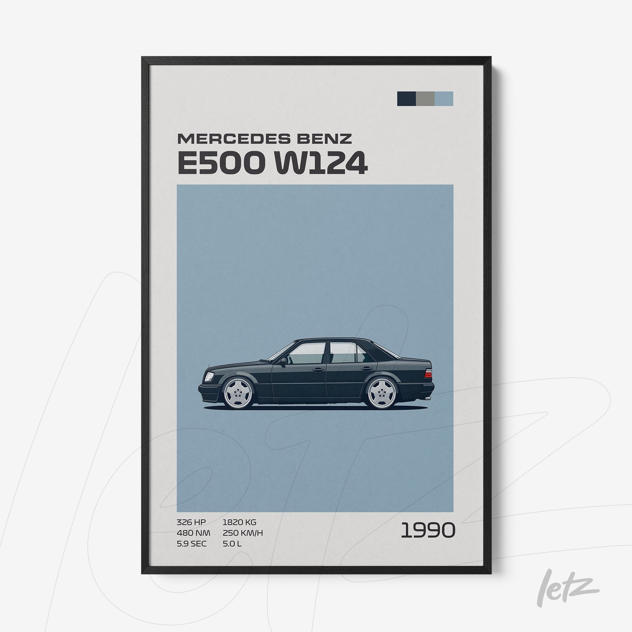 framed minimalist illustration of Mercedes Benz E500 W124 car in black frame