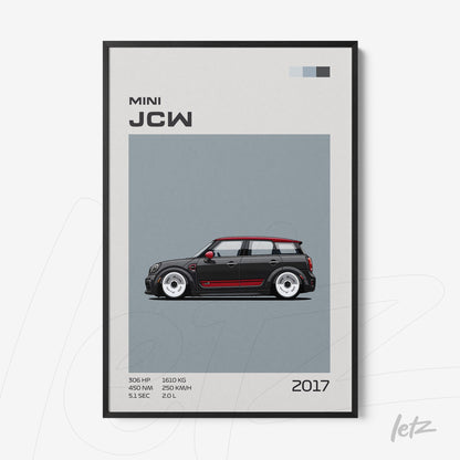 framed wall art featuring an illustration of the 2017 Mini JCW with a black frame and gray background