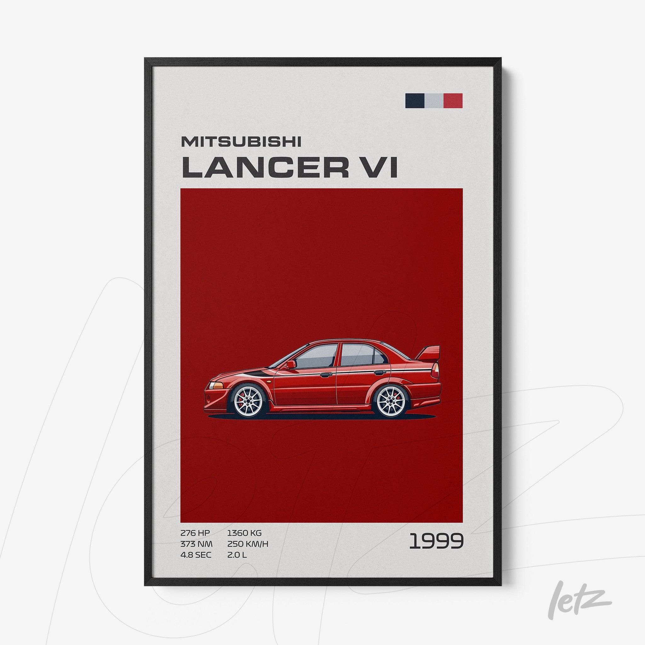 framed wall art featuring a stylized illustration of the 1999 Mitsubishi Lancer VI on a red background with black frame