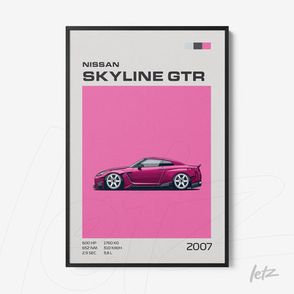framed artwork of Nissan Skyline GTR on pink background featuring technical details in text beside the car