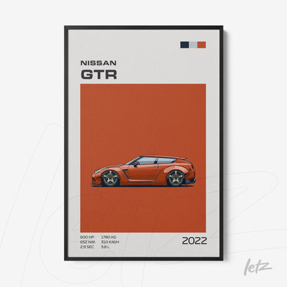 framed artwork featuring a stylized nissan gtr car on an orange background