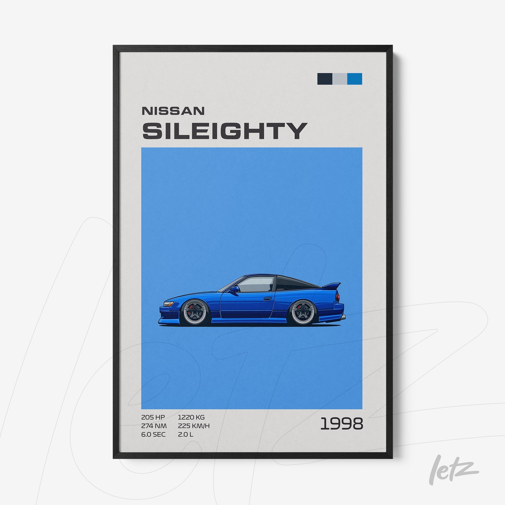 wall art featuring digital illustration of Nissan Sil80 sports car on vibrant blue background with black frame