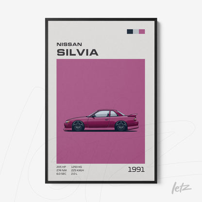 framed wall art featuring a 1991 Nissan Silvia sports car with a vibrant pink background and black frame