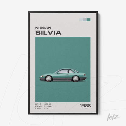framed art featuring the 1988 Nissan Silvia against a teal background with detailed specifications alongside