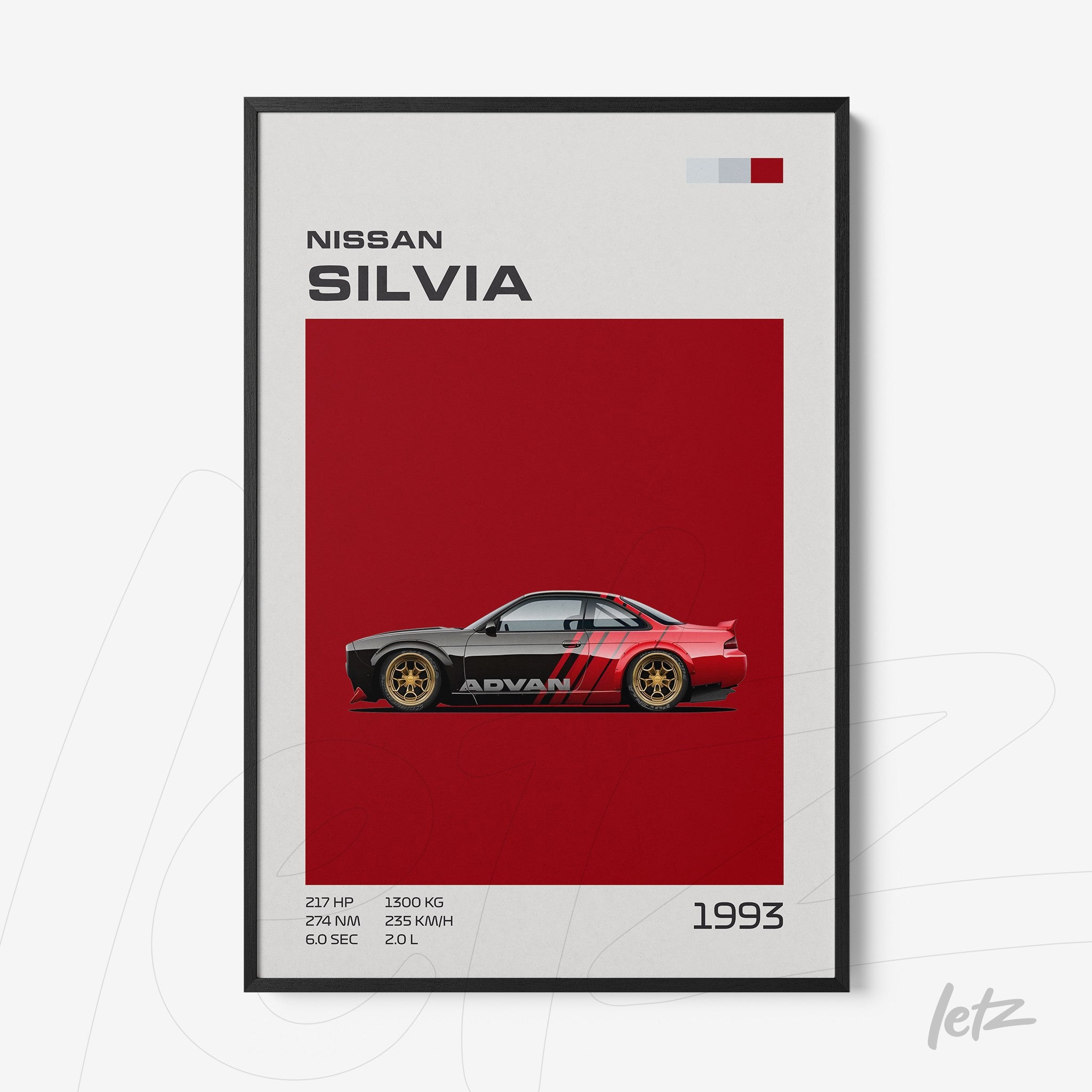 framed wall art featuring a digital illustration of a 1993 Nissan Silvia against a red background