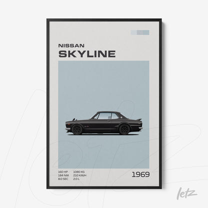 framed wall art featuring an illustration of the 1969 Nissan Skyline on a light blue background