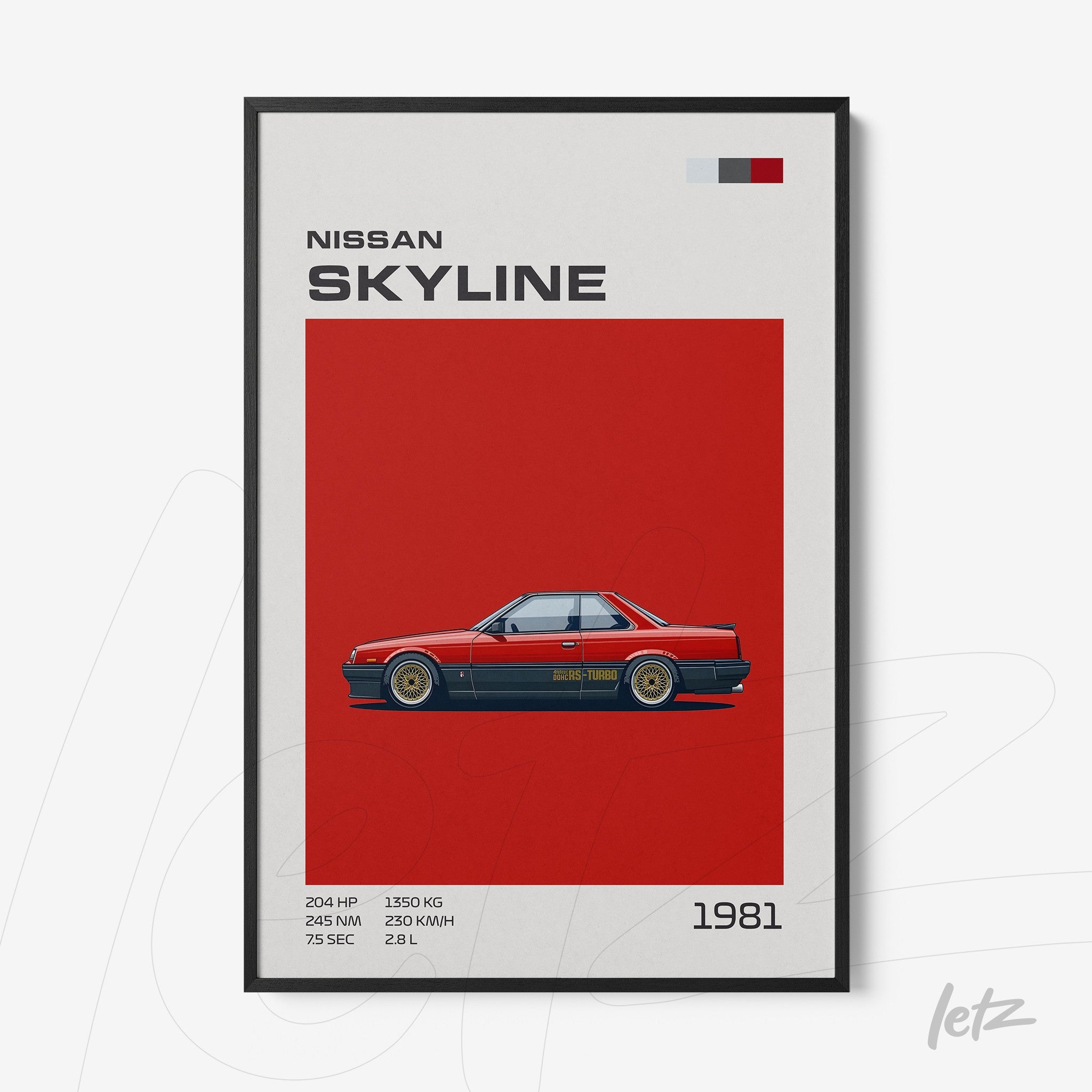 framed digital artwork of 1981 Nissan Skyline in black frame