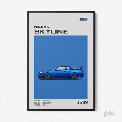 framed minimalist artwork of 1999 Nissan Skyline car in blue backdrop