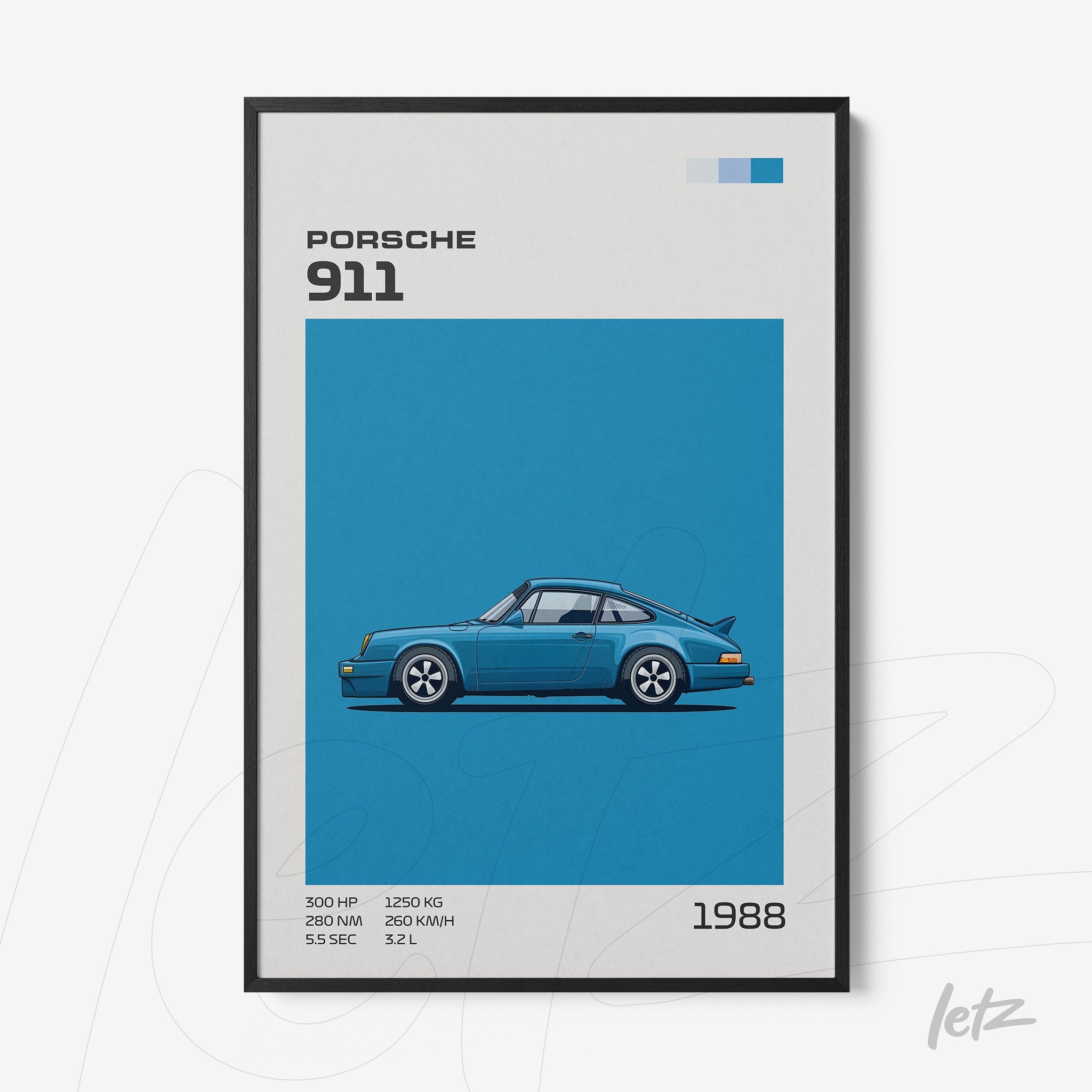 framed artwork featuring blue sports car illustration of Porsche 911 with solid blue background and graphic details in black