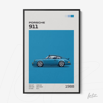 framed artwork featuring blue sports car illustration of Porsche 911 with solid blue background and graphic details in black