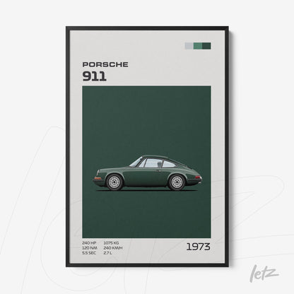 framed wall art featuring minimalist illustration of 1973 Porsche 911 in black frame