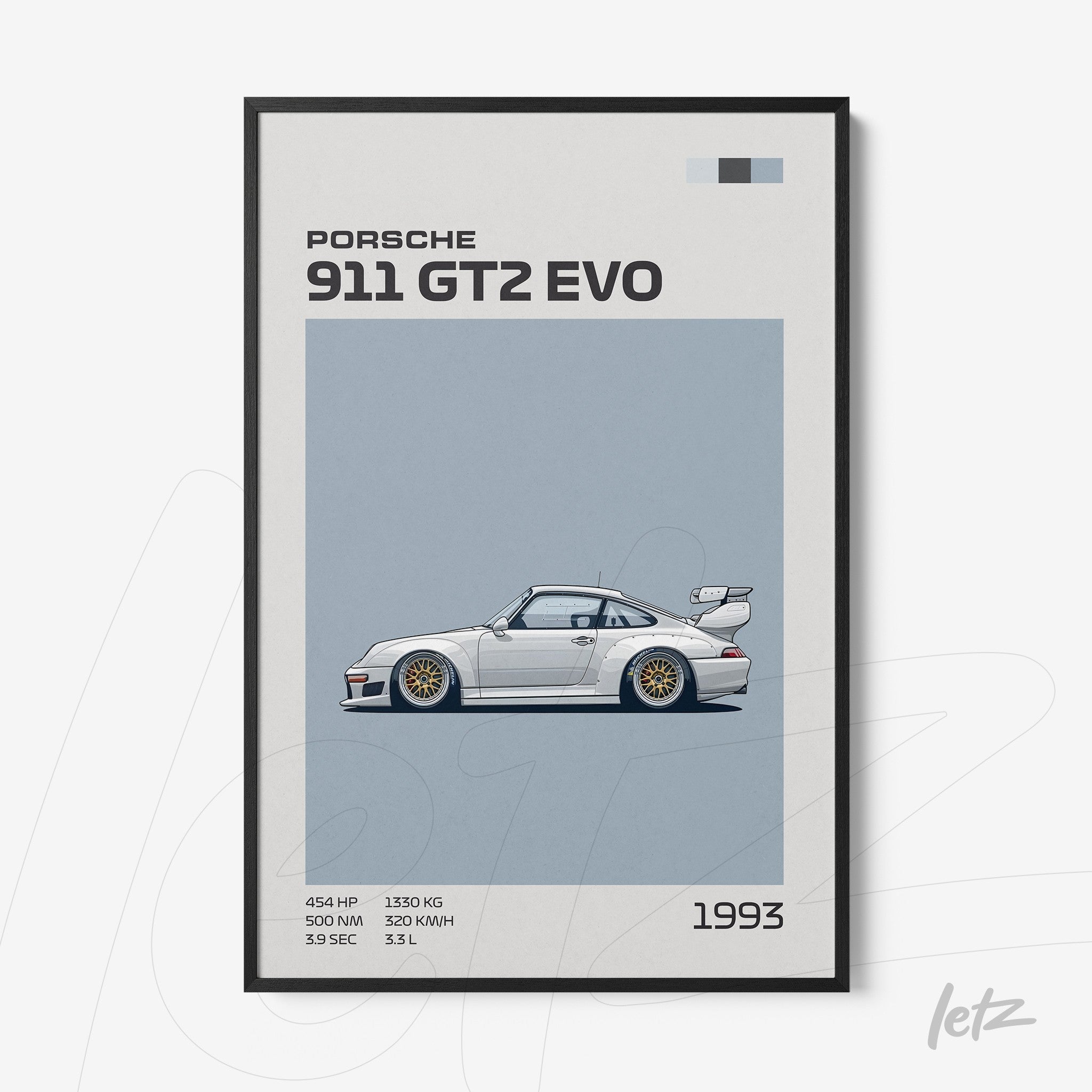 framed digital art of a 1993 Porsche 911 GT2 EVO in minimalist style against light blue background with black frame