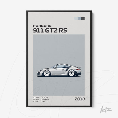 framed digital artwork of Porsche 911 GT2 RS car illustration with black frame and gray accents