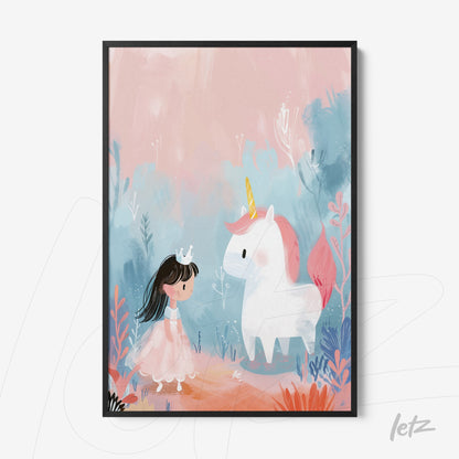 framed artwork depicting a girl in a pink dress and a unicorn with a pastel background