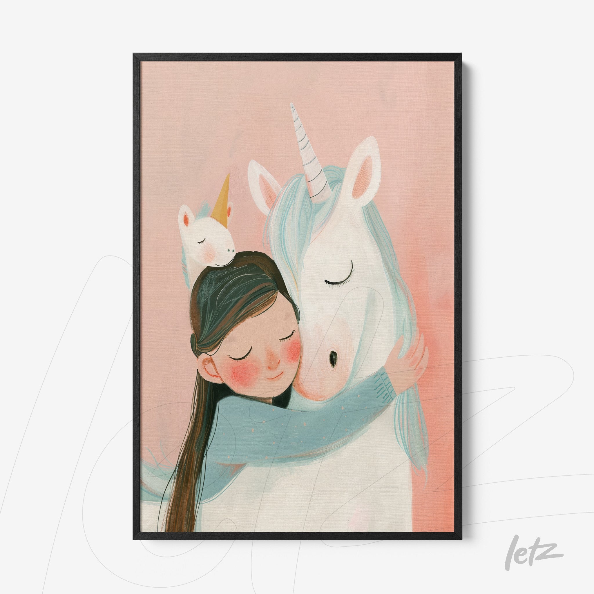 framed children’s illustration of a girl hugging a unicorn with a black frame and soft pink background