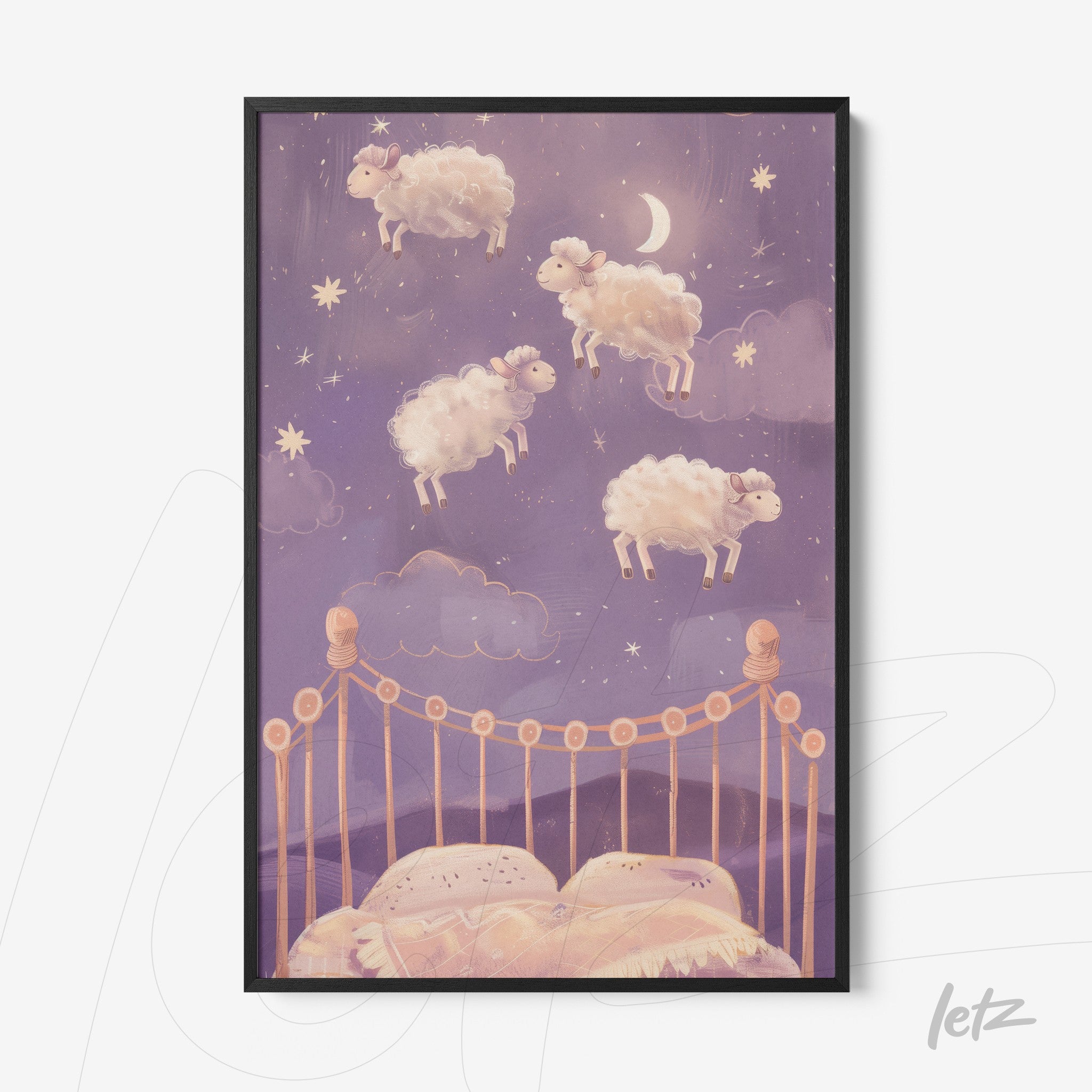 framed artwork featuring flying sheep over a bed in a starry purple background