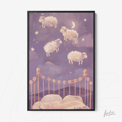 framed artwork featuring flying sheep over a bed in a starry purple background