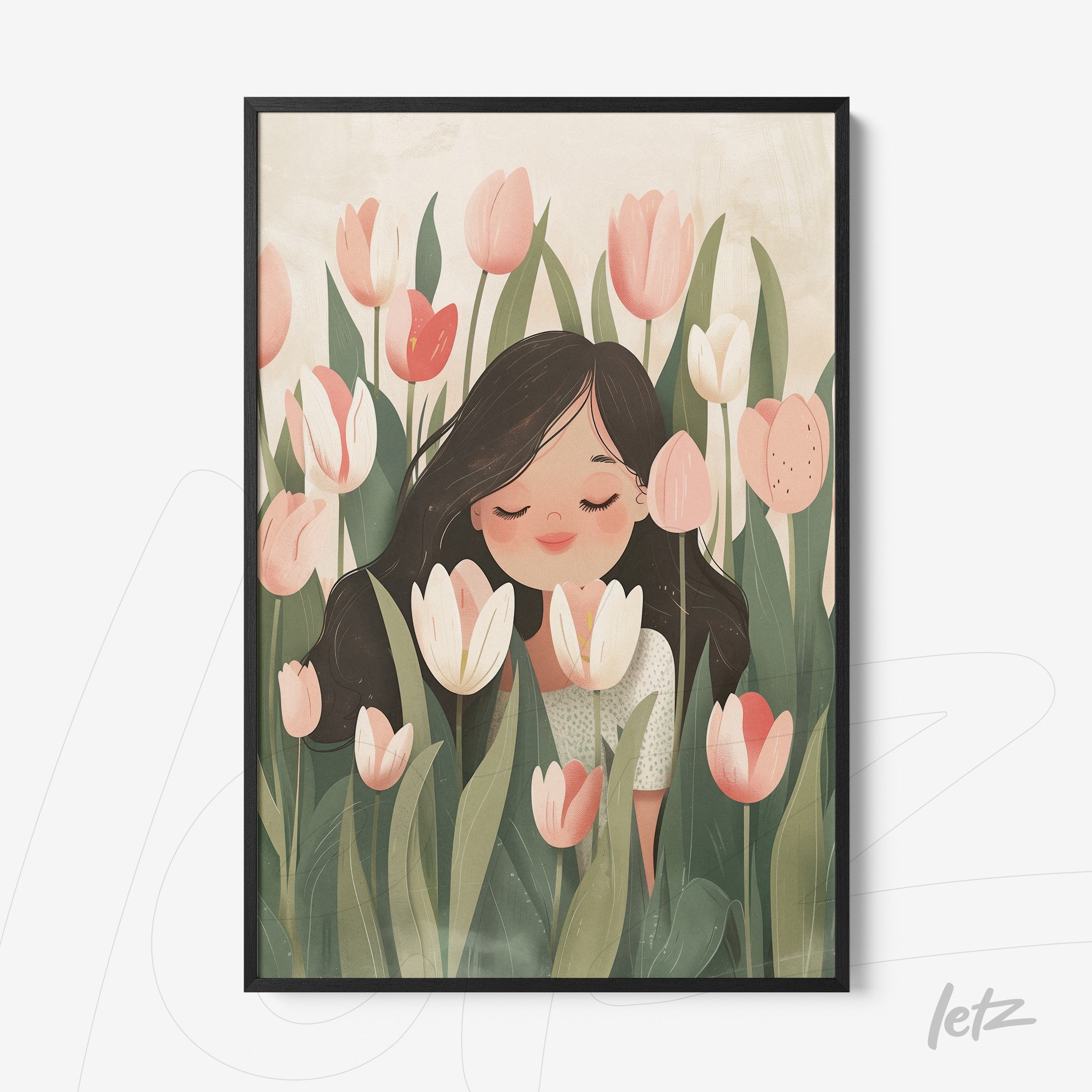 framed art featuring a girl smelling flowers in a tulip field with black frame