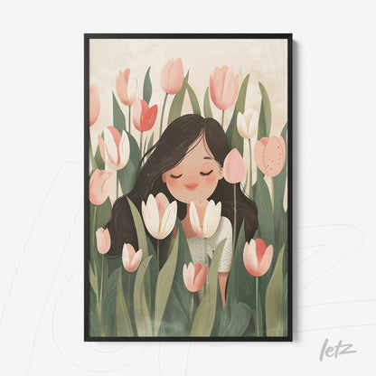 framed art featuring a girl smelling flowers in a tulip field with black frame