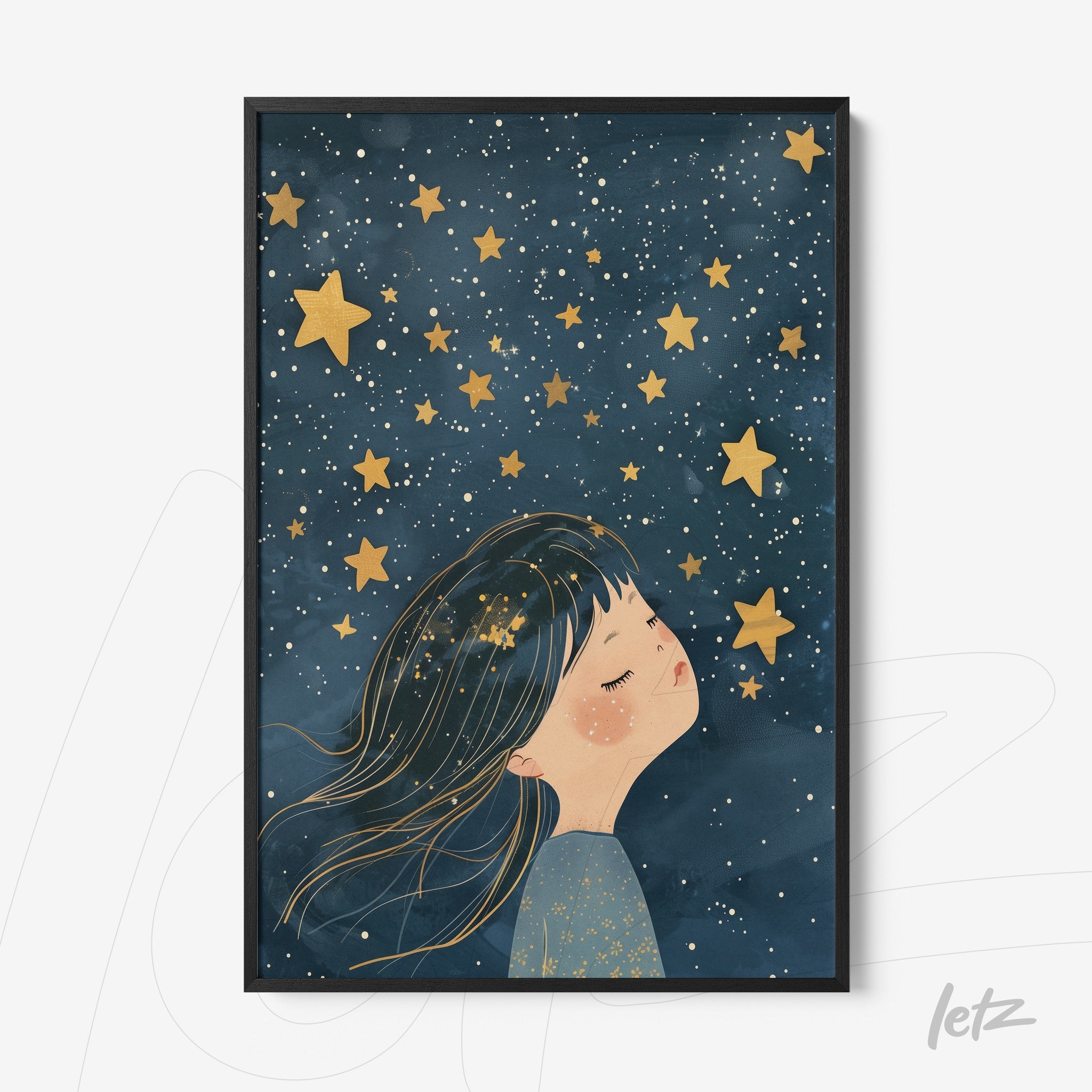 decorative wall art of a girl dreaming under a starry sky with golden stars and dark blue background, black frame