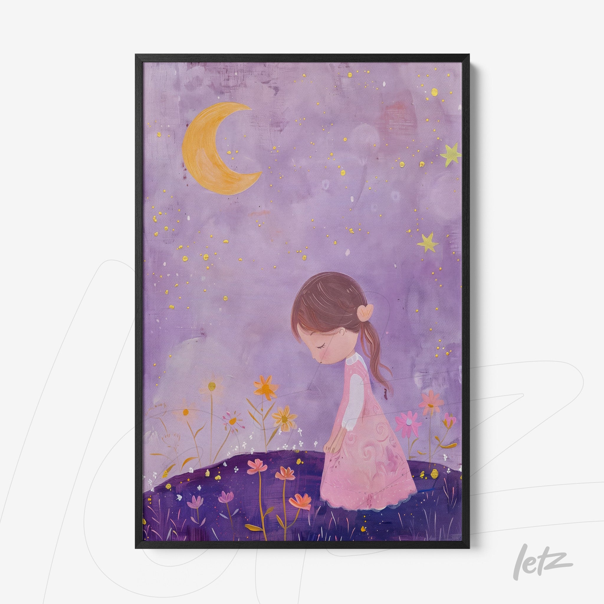 framed art featuring a young girl in a pink dress in a night scene with flowers and a crescent moon