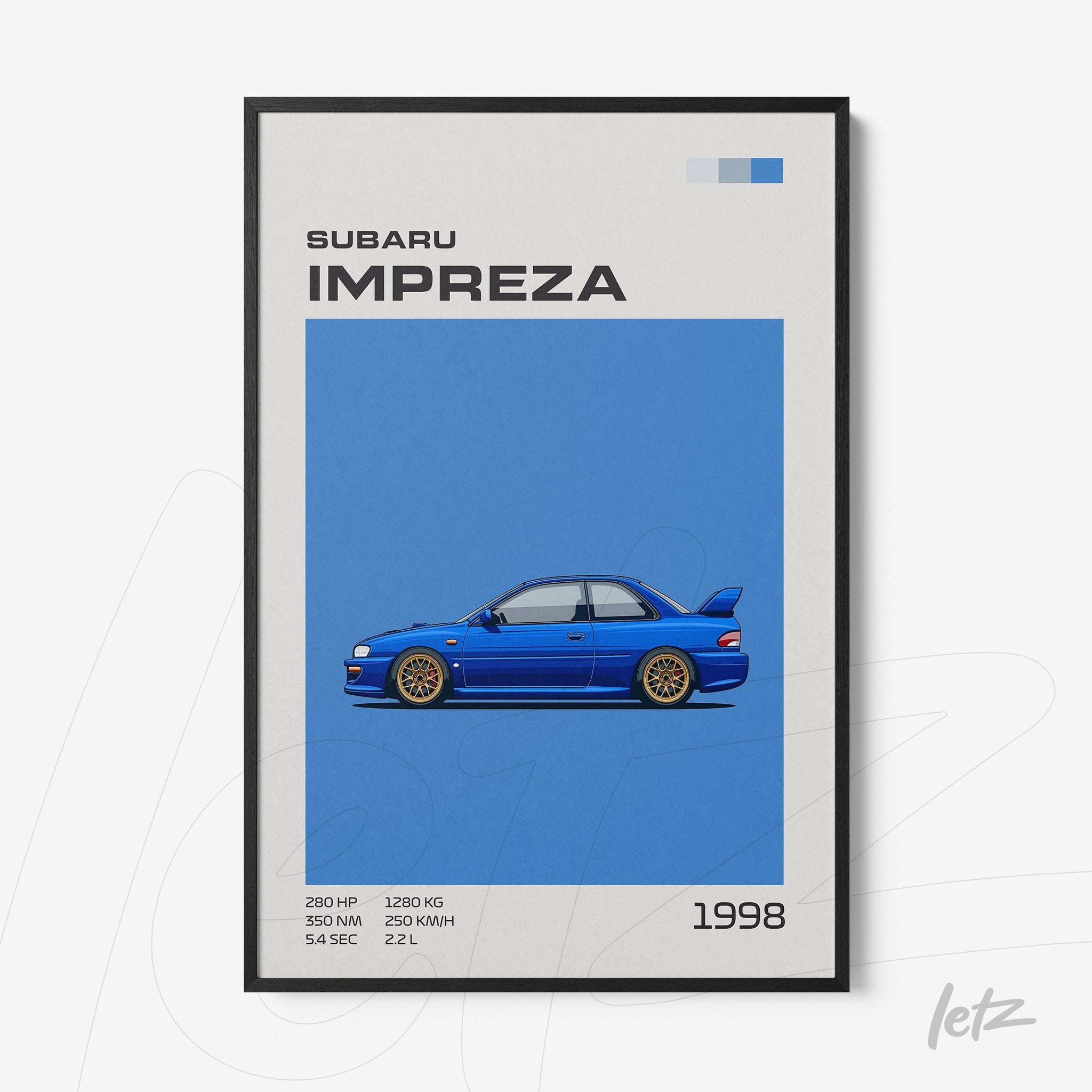 digital artwork of Subaru Impreza car in blue background with black frame