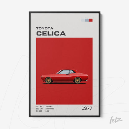 framed graphic art of a 1977 Toyota Celica in vibrant red background with black frame