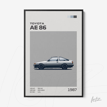framed art featuring retro illustration of Toyota AE86 car with black frame