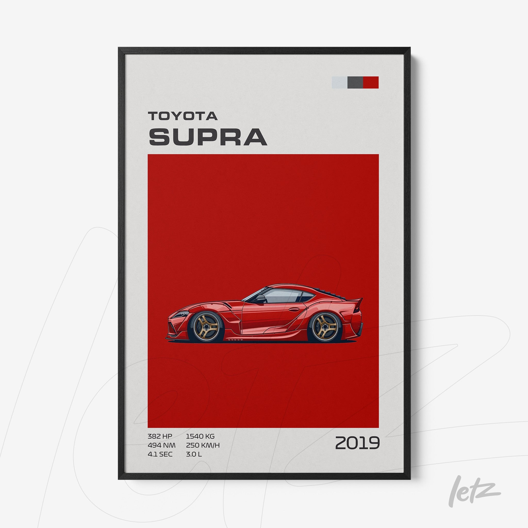framed digital art of the Toyota Supra car on vibrant red background with black frame