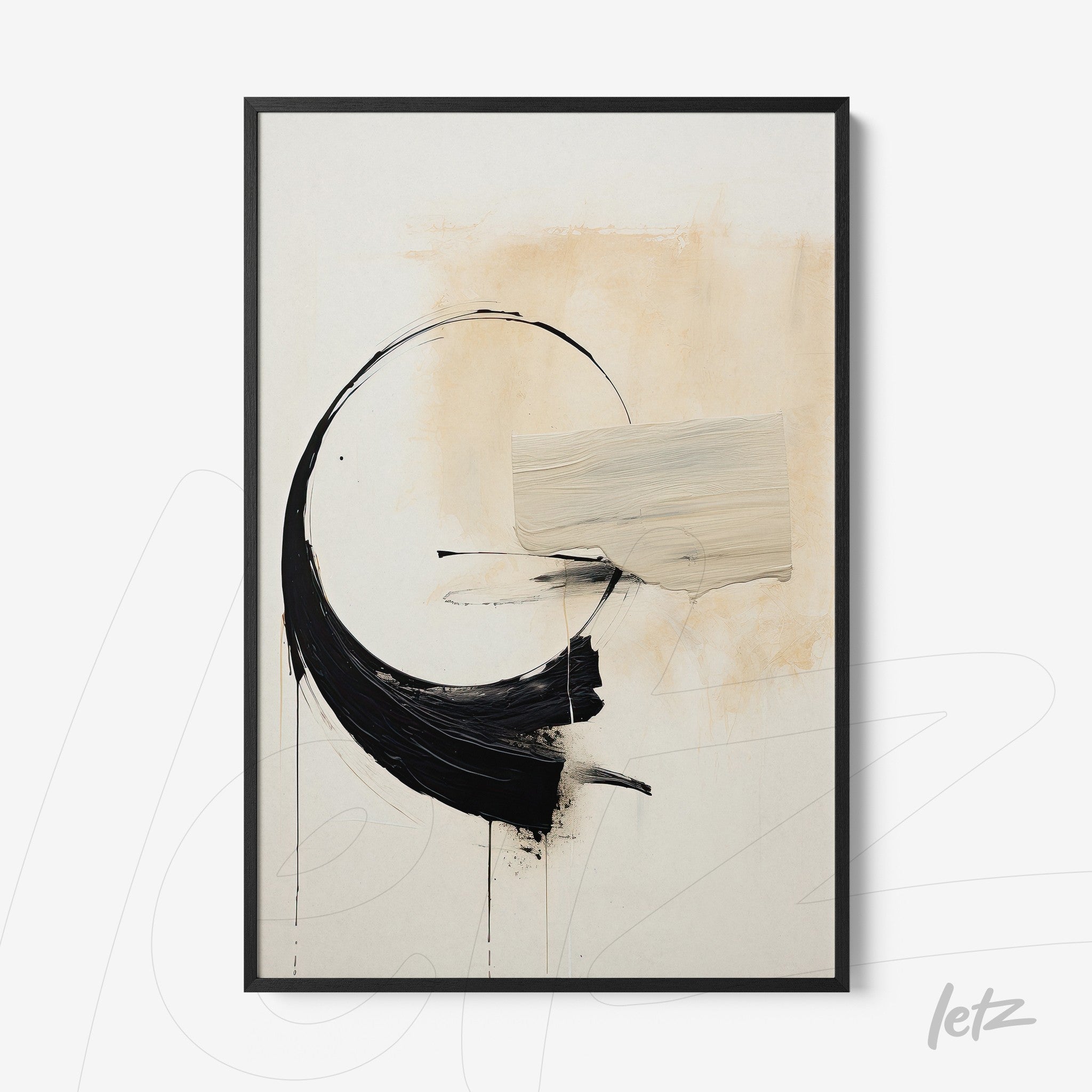abstract wall art in neutral tones with black brush strokes in black frame