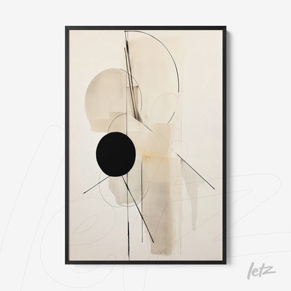 abstract wall art in neutral tones with geometric elements framed in a thin black frame