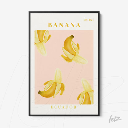framed art featuring yellow bananas on a light pink background with black frame and prominent text at the top