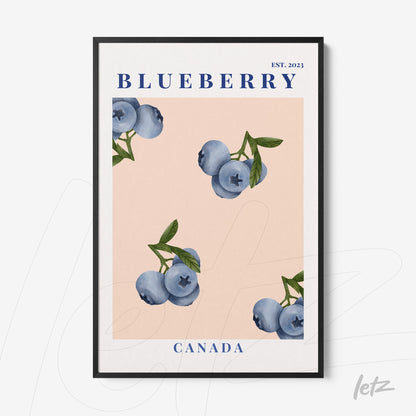 framed wall art featuring blue blueberries on a light pink background with bold text 'BLUEBERRY' and 'CANADA' at the bottom in a thin black frame