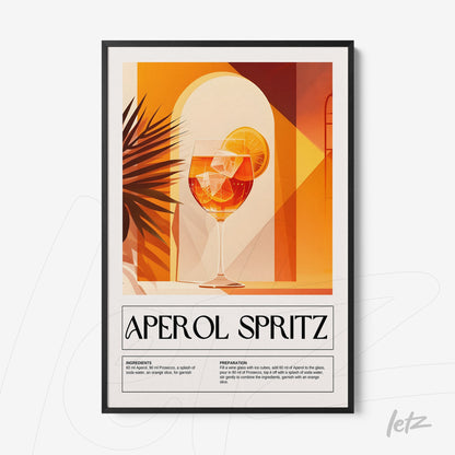 framed wall art featuring a digital illustration of aperol spritz cocktail with vibrant background