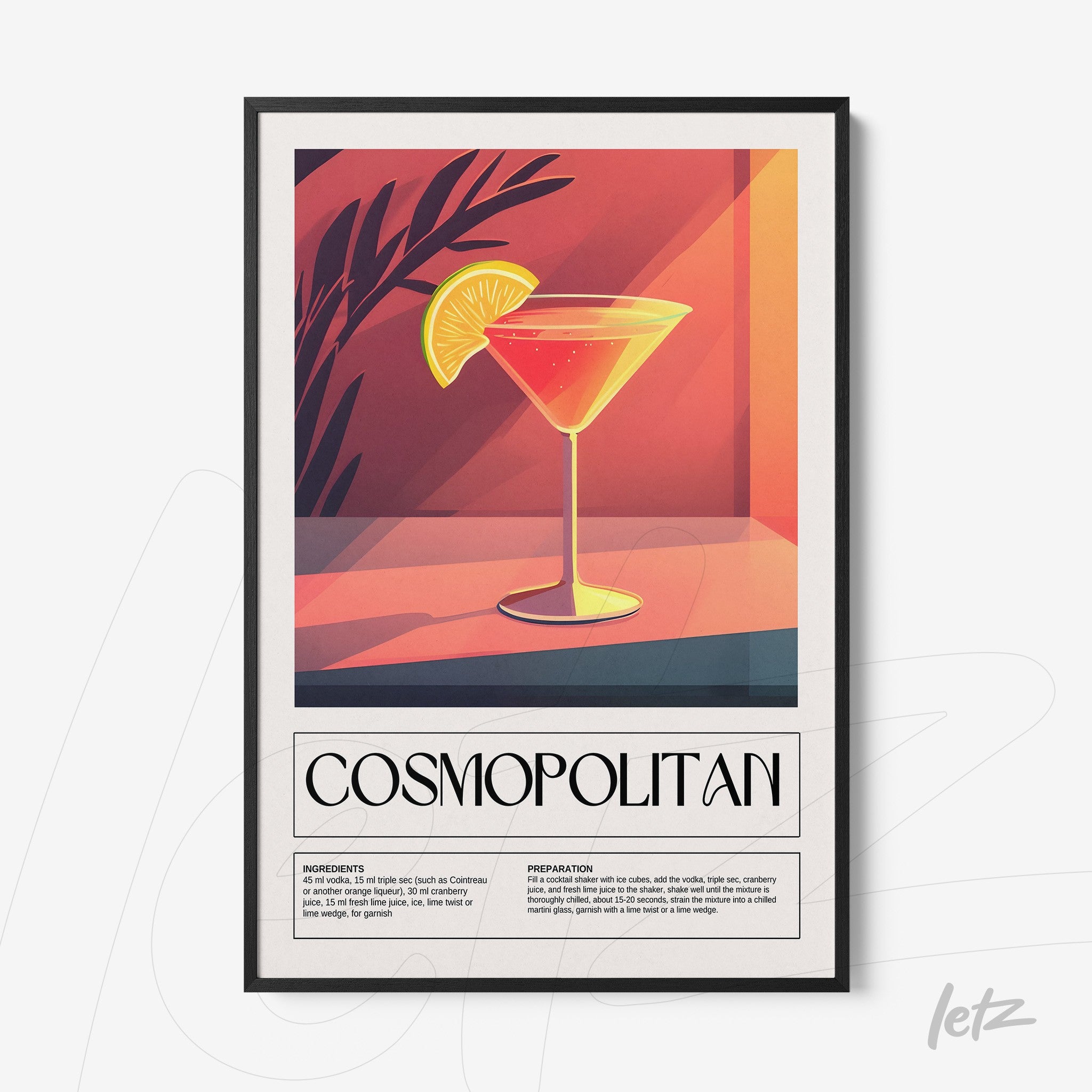 framed wall art of cosmopolitan cocktail with black frame and warm toned illuminated background