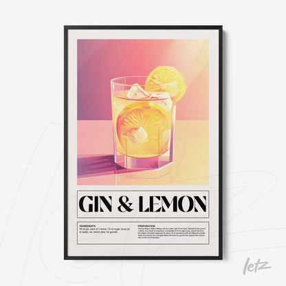 framed geometric art of gin and lemon drink with black frame, featuring a warm gradient background