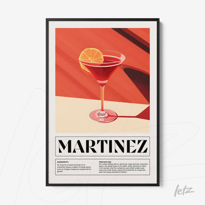 framed digital art of a martinez cocktail with a black frame and vibrant red background