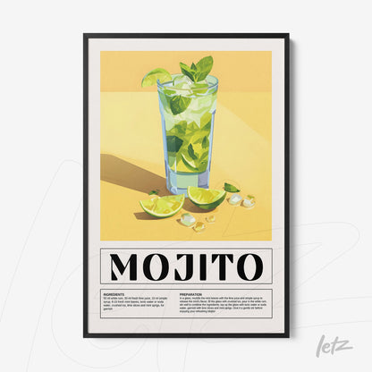 framed wall art featuring mojito drink with fresh ingredients and yellow background