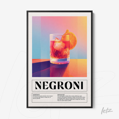 framed art featuring a stylized illustration of a negroni cocktail in a glass with ice and an orange slice, vibrant gradient background in orange and blue