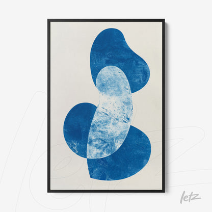 abstract wall art in blue on light background with black frame