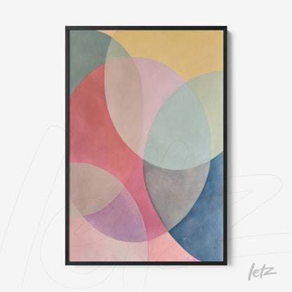 abstract framed wall art featuring circular shapes in shades of pink, blue, and yellow