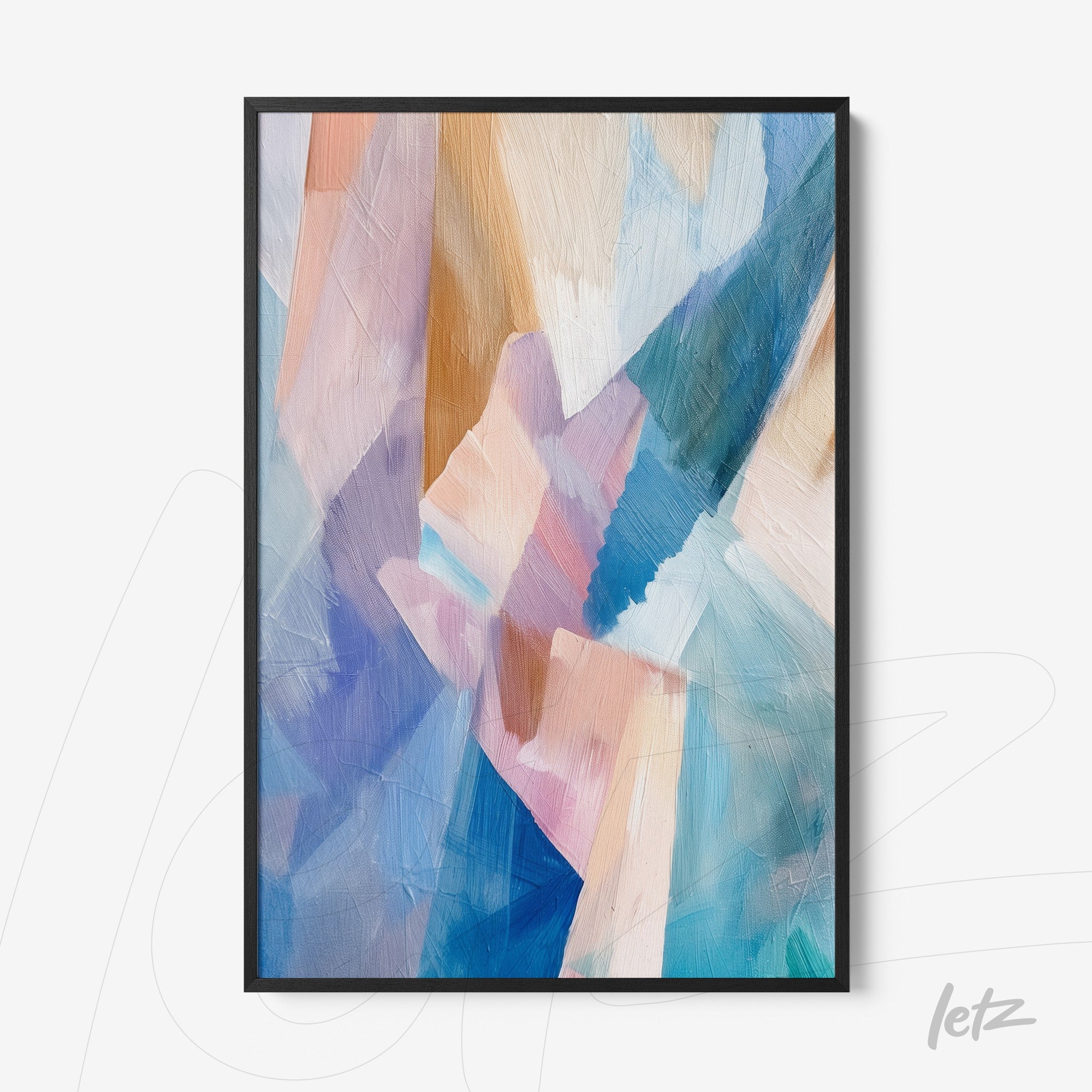 framed abstract art in shades of blue, pink, and beige