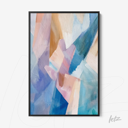 framed abstract art in shades of blue, pink, and beige
