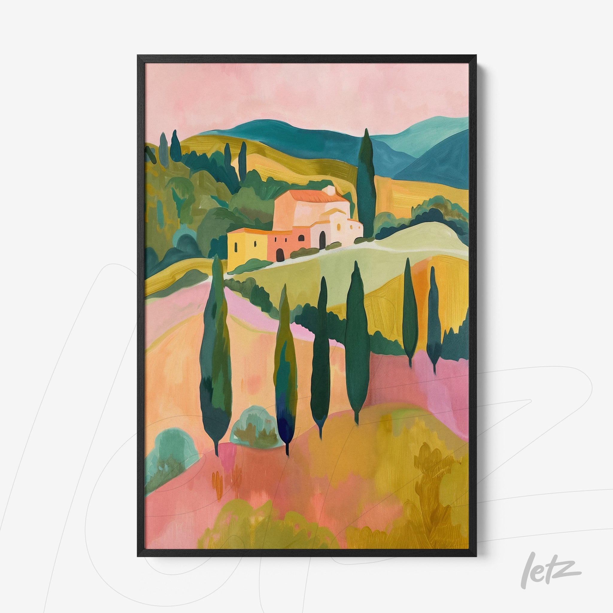 framed abstract landscape art featuring vibrant colors with hills and cypress trees in the foreground