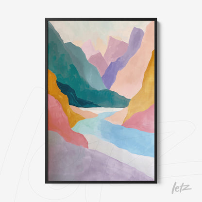 framed abstract art piece of a mountain landscape featuring colorful formations in shades of pink, blue, and green against a light background