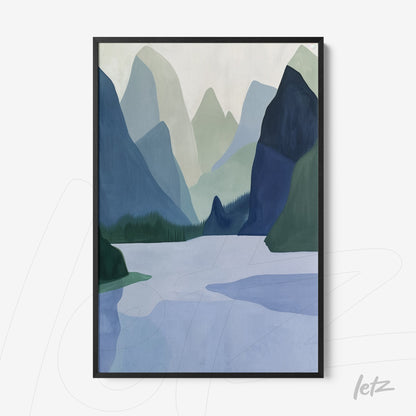 framed art depicting abstract mountains and lake in shades of blue