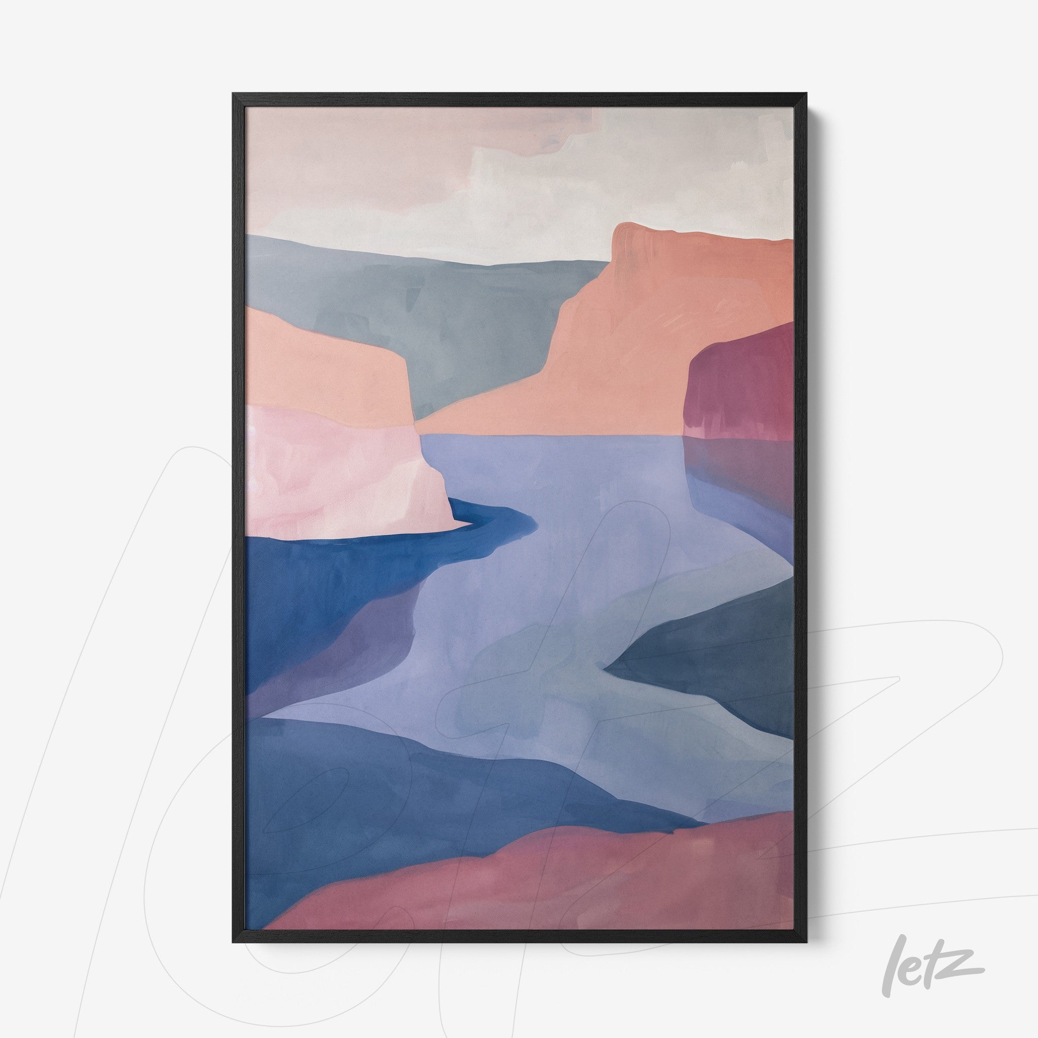 framed abstract landscape art featuring mountains in soft pink and blue tones
