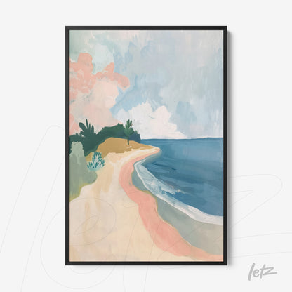 framed artwork featuring abstract coastal landscape with soft colors